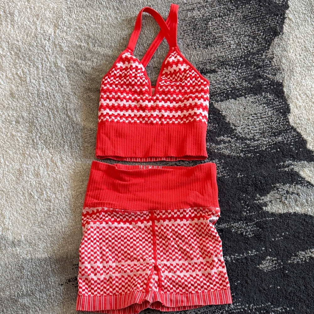 Free People Movement Red and White Halter Top and Shorts Set